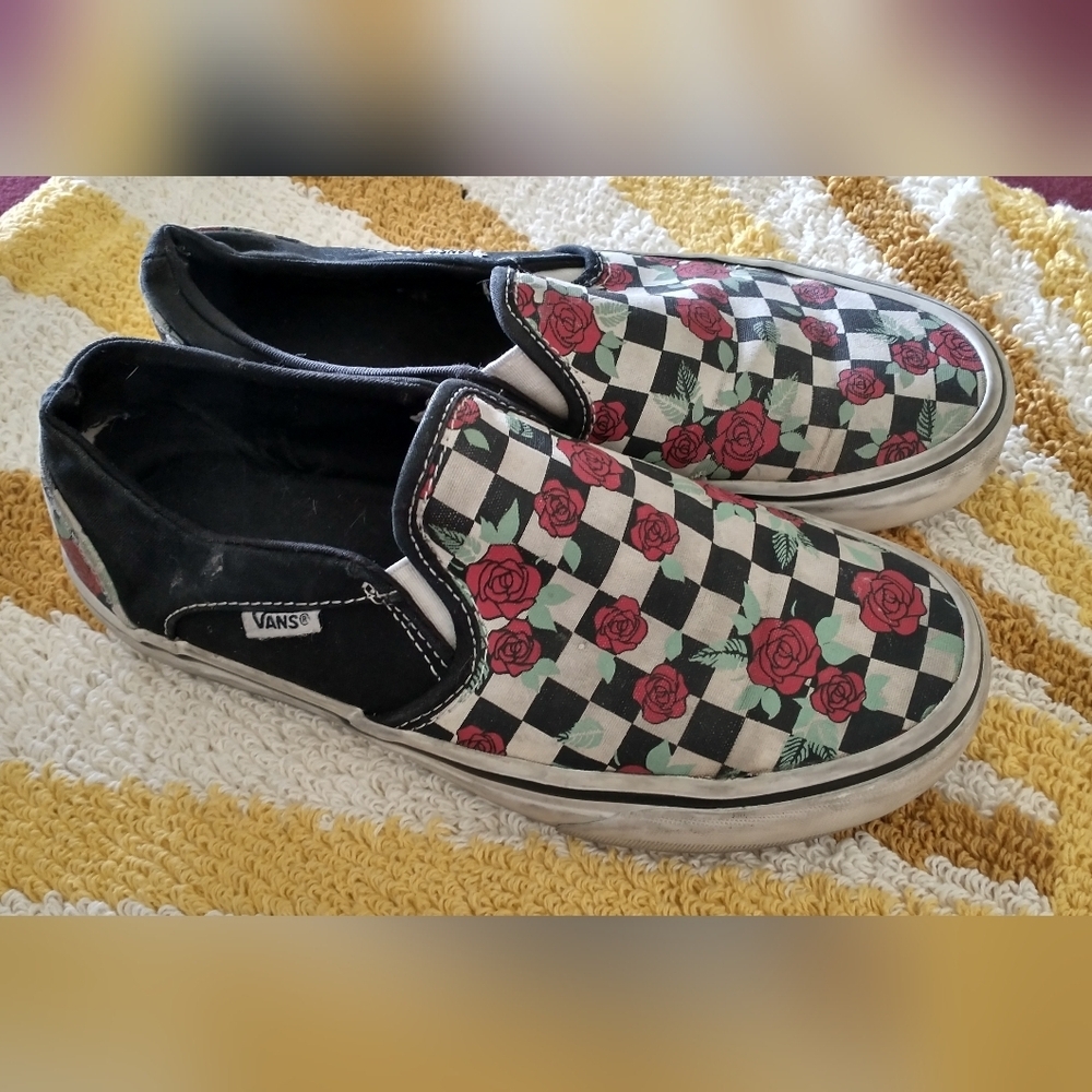 Vans Slip-On Sneakers - Black, Red, and White Checkered Rose Classic 7 Women